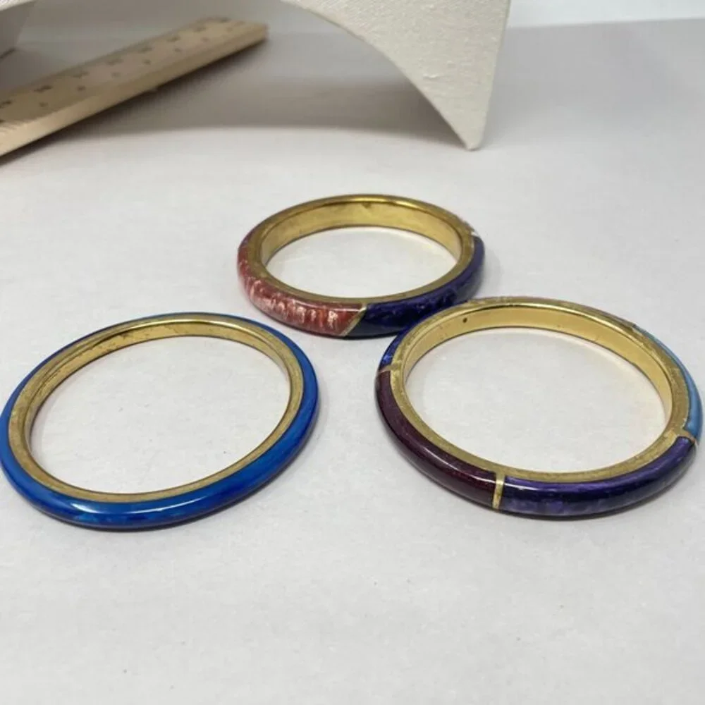 Enamel Bangle Bracelets SET OF‎ 3 Colorblock Marbled Retro Classic